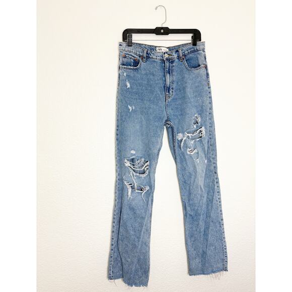 ZARA The 90's Full Length Jeans Size 8 Distressed High Rise Straight Leg - Picture 3 of 12